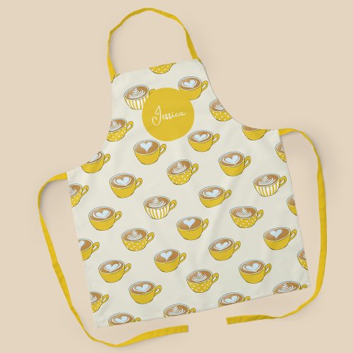 Cute Latte Art in Yellow Coffee Mugs Pattern Apron