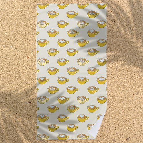 Cute Latte Art in Yellow Coffee Mugs Pattern Beach Towel