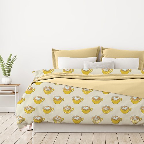 Cute Latte Art in Yellow Coffee Mugs Pattern Duvet Cover