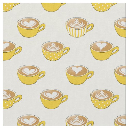 Cute Latte Art in Yellow Coffee Mugs Pattern Fabric
