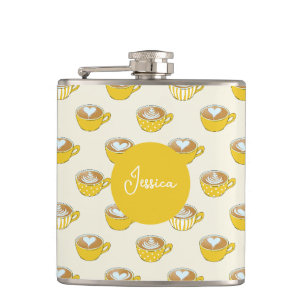 Cute Latte Art in Yellow Coffee Mugs Pattern Flask
