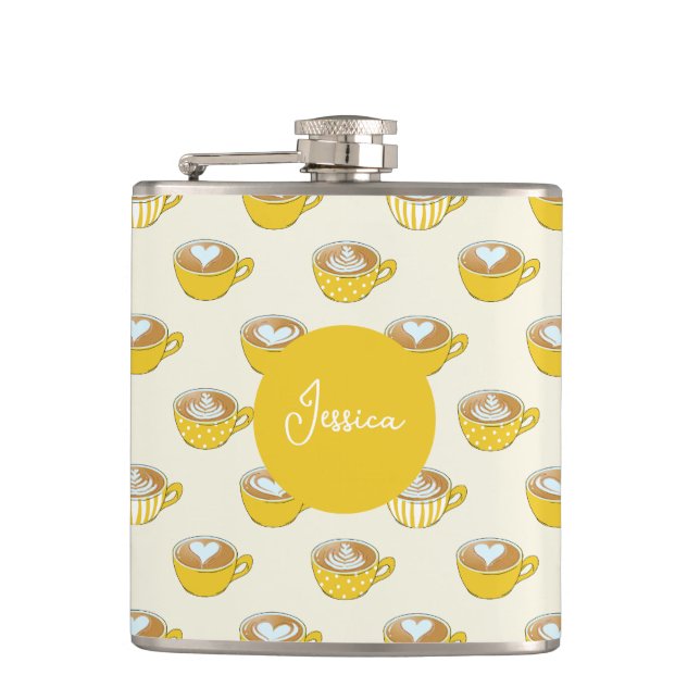 Cute Latte Art in Yellow Coffee Mugs Pattern Flask (Front)
