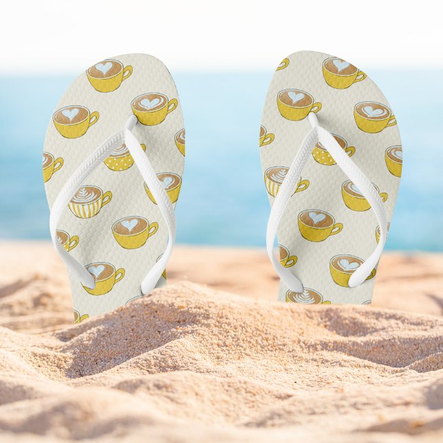 Cute Latte Art in Yellow Coffee Mugs Pattern Flip Flops (Yellow Latte Art Flip Flops)