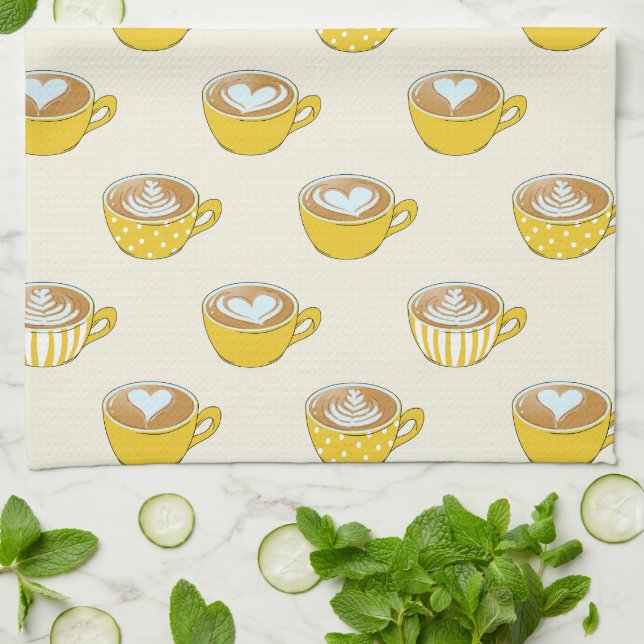 Cute Latte Art in Yellow Coffee Mugs Pattern Kitchen Towel (Folded)