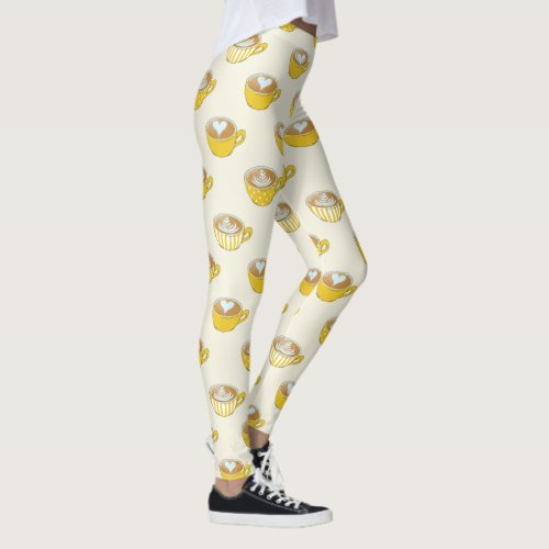 Cute Latte Art in Yellow Coffee Mugs Pattern Leggings