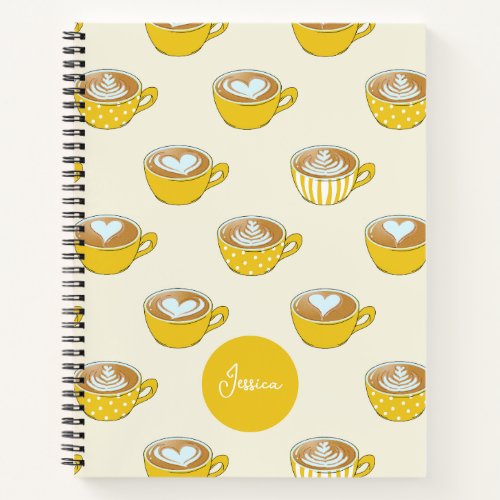 Cute Latte Art in Yellow Coffee Mugs Pattern Notebook