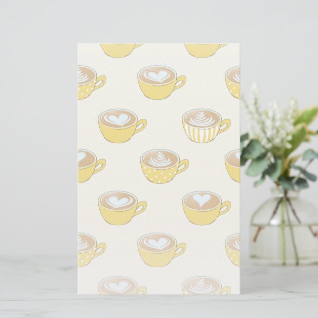 Cute Latte Art in Yellow Coffee Mugs Pattern Stationery (Standing Front)