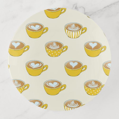 Cute Latte Art in Yellow Coffee Mugs Pattern Trinket Tray