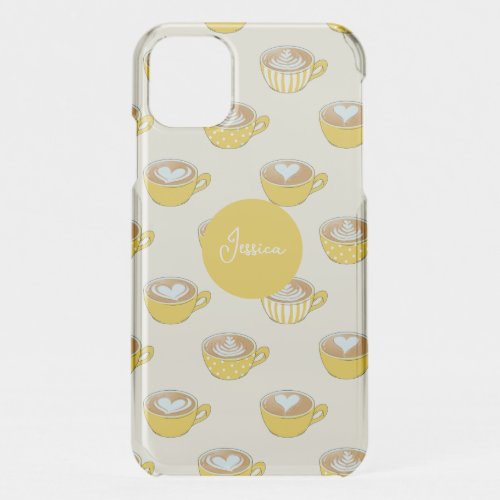 Cute Latte Art in Yellow Coffee Mugs Pattern iPhone 11 Case