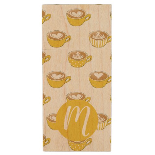 Cute Latte Art in Yellow Coffee Mugs Pattern Wood Flash Drive