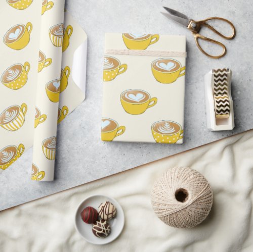 Cute Latte Art in Yellow Coffee Mugs Pattern Wrapping Paper