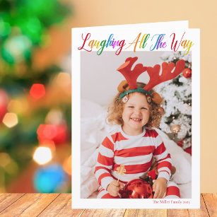 Cute Laughing All The Way Rainbow Christmas Photo Holiday Card