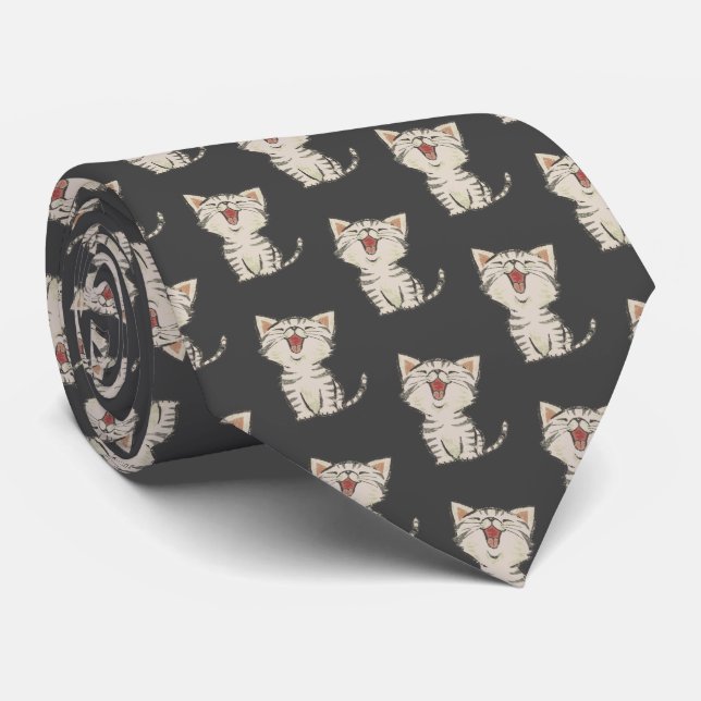 Cute Laughing Cat On Gray Neck Tie (Rolled)