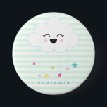 Cute Laughing Cloud - Green Striped Button<br><div class="desc">NewParkLane - Cute gender neutral, personalized kids' button with a laughing cloud with a rainbow colored stars, against a soft green striped background, and a text template for a name. Easy to customize in Zazzle with your own text for a personalized design. All text styles, colors, sizes can be modified...</div>