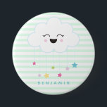 Cute Laughing Cloud - Green Striped Button<br><div class="desc">NewParkLane - Cute gender neutral, personalized kids' button with a laughing cloud with a rainbow colored stars, against a soft green striped background, and a text template for a name. Easy to customize in Zazzle with your own text for a personalized design. All text styles, colors, sizes can be modified...</div>
