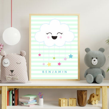 Cute Laughing Cloud - Green Striped Kids Bedroom