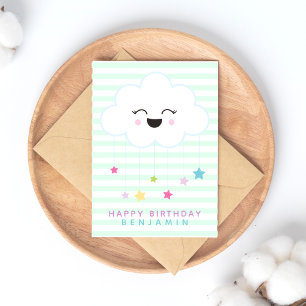 Cute Laughing Cloud - Green Striped Kids Birthday Postcard