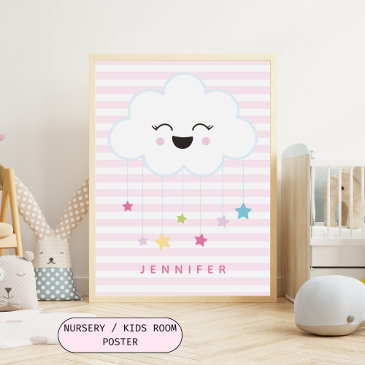 Cute Laughing Cloud - Pink Striped Kids Bedroom
