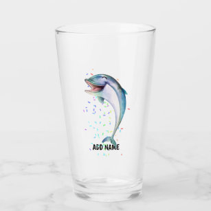 Cute Laughing DOLPHIN Watercolor Add Name Glass