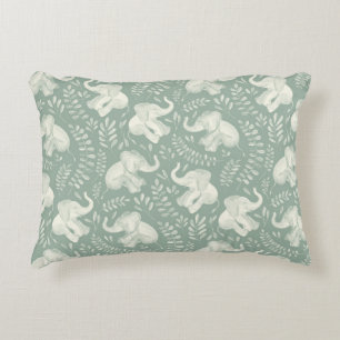 Cute Laughing Elephants in Cream and Sage Green Accent Pillow