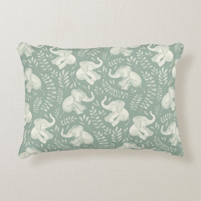 Cute Laughing Elephants in Cream and Sage Green Accent Pillow (Front)