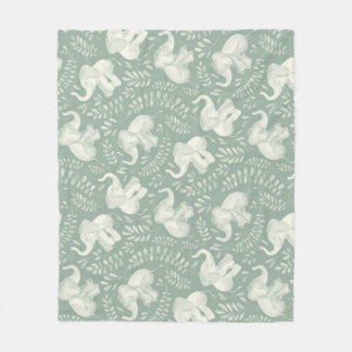 Cute Laughing Elephants in Cream and Sage Green Fleece Blanket