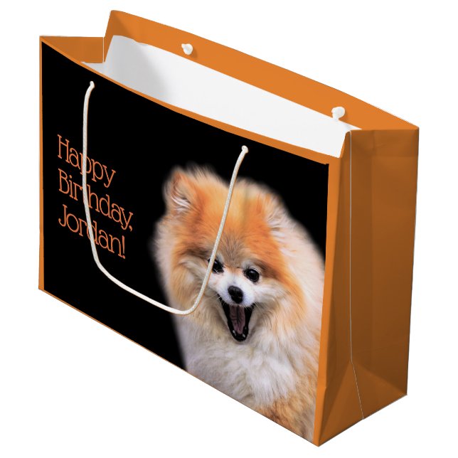 Cute Laughing Pomeranian Dog Large Gift Bag (Front Angled)