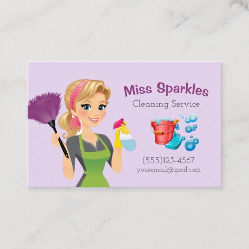 Cute Lavendar Cartoon Maid House Cleaning Services Business Card