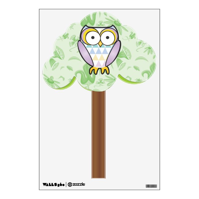 Cute Lavende Damask Owl Pattern in Tree Wall Decal (Front)