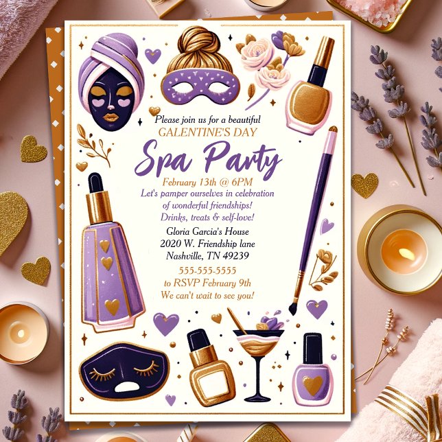 Cute Lavender and Gold Galentine's Day Spa Party Invitation (Cute Lavender and Gold Galentine's Day Spa Party Invitation)