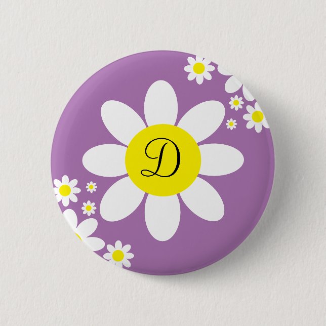 Cute Lavender and White Daisy Single Initial Button (Front)