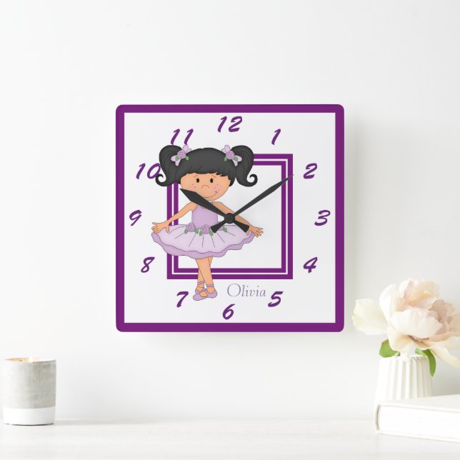 Cute Lavender Ballerina Personalized Square Wall Clock (Home)