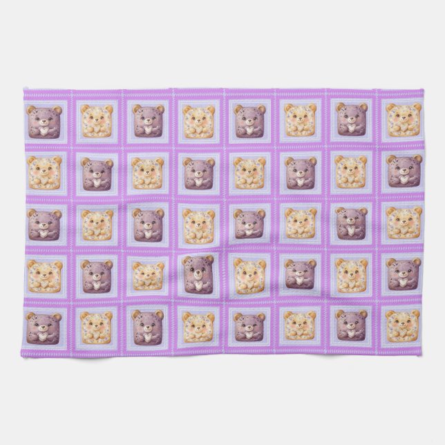 Cute Lavender Blueberry Patchwork cookie Bear Kitchen Towel (Horizontal)