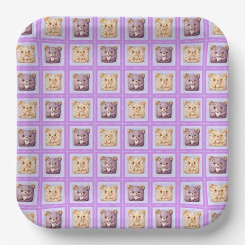 Cute Lavender Blueberry Patchwork cookie Bear Paper Plates