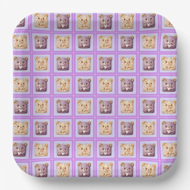 Cute Lavender Blueberry Patchwork cookie Bear Paper Plates (Front)