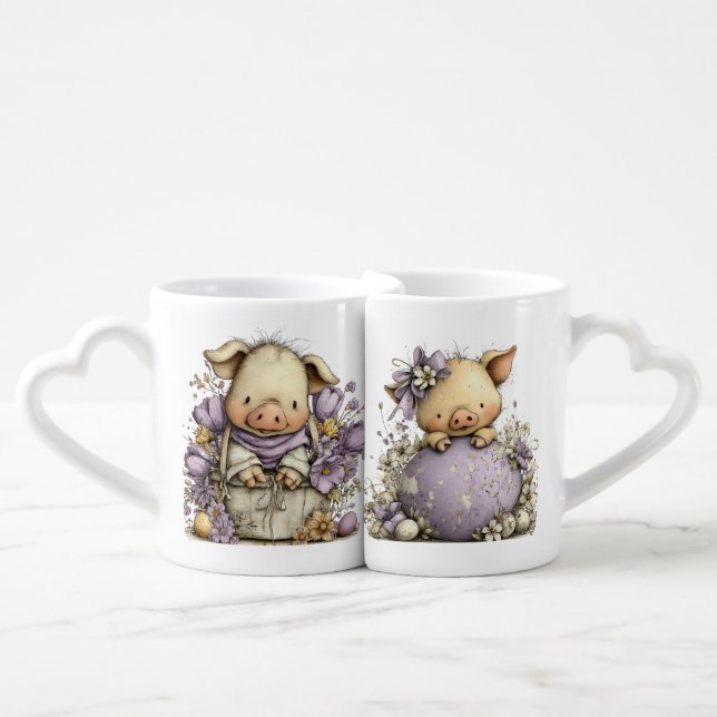 CUTE LAVENDER EASTER THEMED PIGLETS COFFEE MUG SET (Front Nesting)