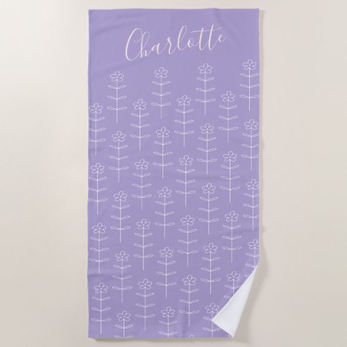 Cute Lavender Floral Line Art Personalized   Beach Towel