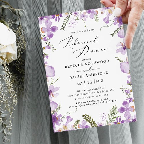 Cute Lavender Floral Wedding Rehearsal Dinner Invitation