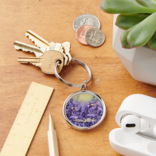 Cute Lavender Flowers Bees With Name Keychain
