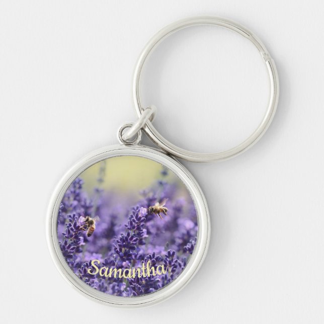 Cute Lavender Flowers Bees With Name Keychain (Front)