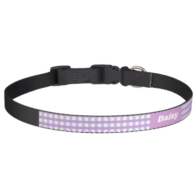 Cute Lavender Gingham Custom Pet Collar (Front)