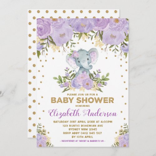 Cute Lavender Gold Floral Elephant Baby Shower Invitation