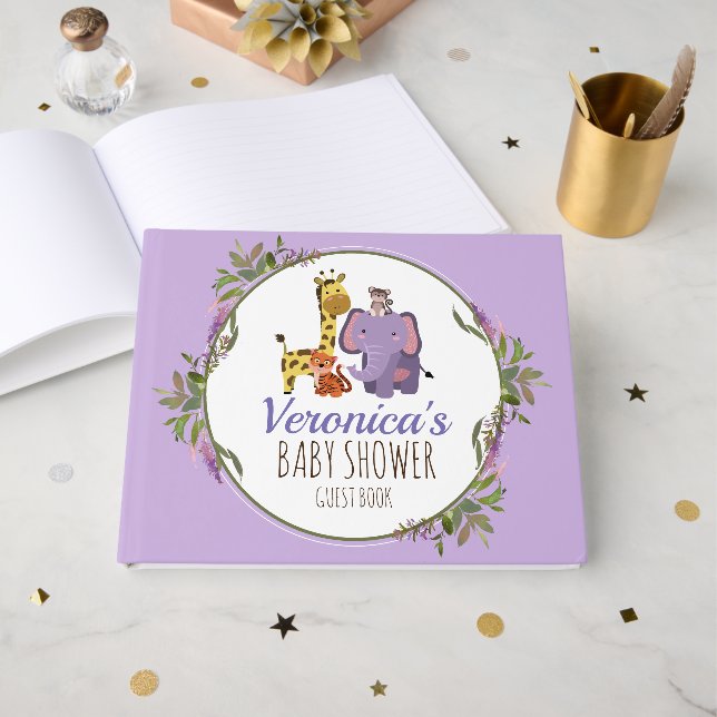 Cute Lavender Jungle Safari Animal Baby Shower Foil Guest Book (Front Open)