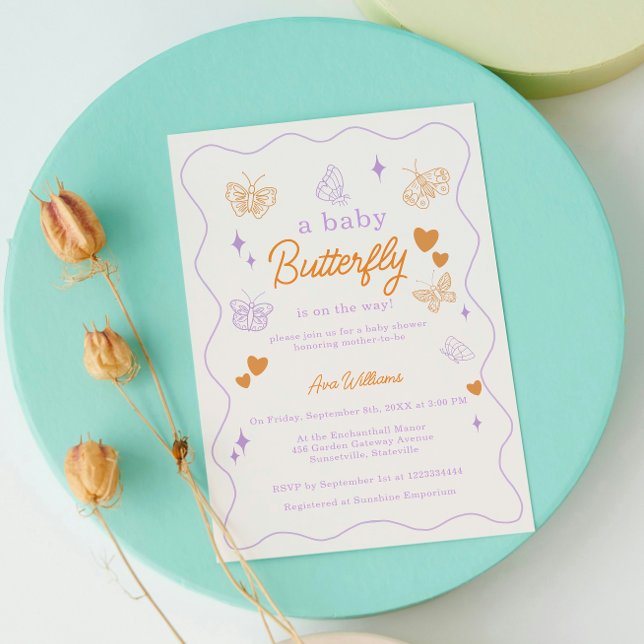 Cute Lavender & Orange Butterfly Baby Shower Invitation (Creator Uploaded)