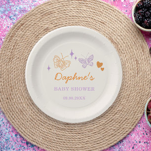 Cute Lavender & Orange Butterfly Baby Shower Paper Plates