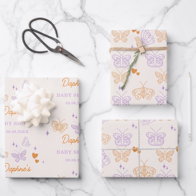 Cute Lavender & Orange Butterfly Baby Shower Wrapping Paper Sheets (Front)