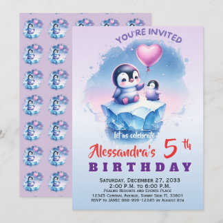 Cute Lavender Penguin Kids Boy Girl Invitation