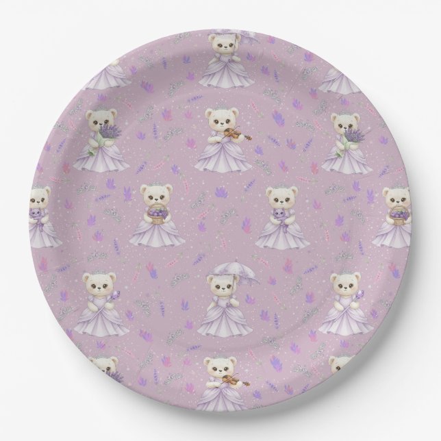 Cute Lavender Princess Bear Pattern Paper Plates (Front)
