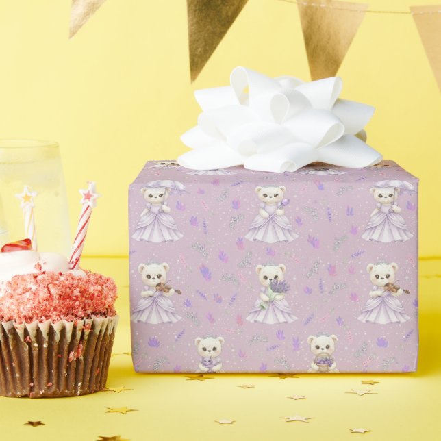 Cute Lavender Princess Bear Pattern Wrapping Paper (Birthday Party)
