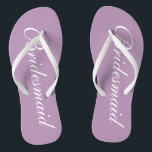 Cute lavender purple bridesmaid wedding flip flops<br><div class="desc">Cute lavender purple wedding flip flops for bridesmaids. Custom background and strap color personalizable with name or monogram initials optional. Modern his and hers wedge sandals with stylish script calligraphy typography. Elegant party favor for beach themed wedding, marriage, bridal shower, engagement, anniversary, bbq, bachelorette, bachelor, girls weekend trip etc. Make...</div>